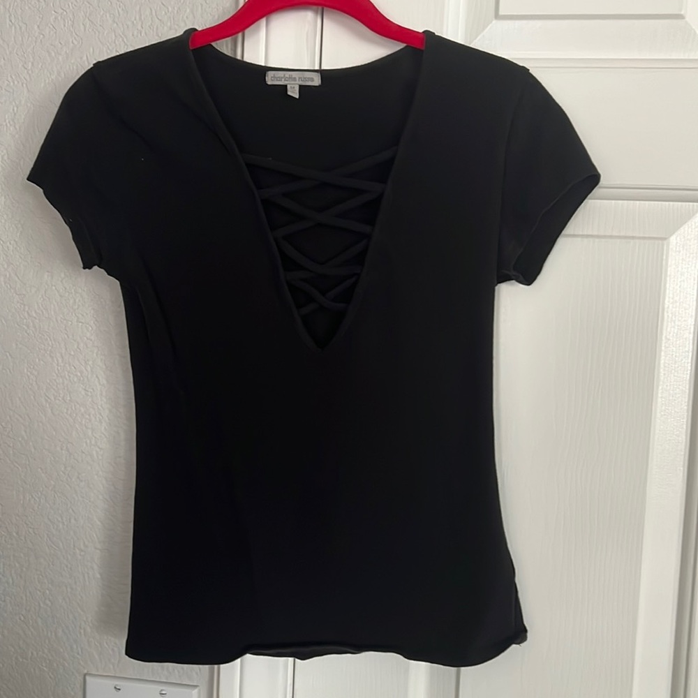 Simple black tee with criss cross front